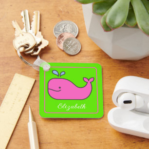 Preppy roze en groene walvis gepersonaliseerd sleutelhanger