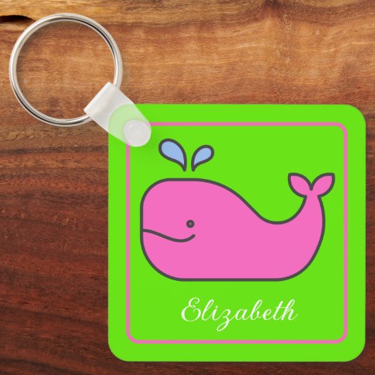 Preppy roze en groene walvis gepersonaliseerd sleutelhanger (Voorkant)