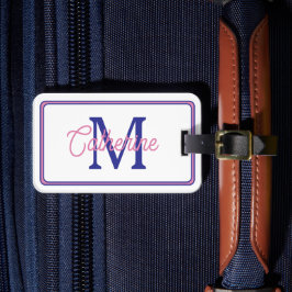 Preppy Roze en Marineblauw Eenvoudig Monogram Bagagelabel