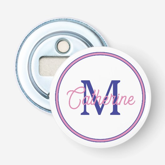 Preppy Roze en Marineblauw Eenvoudig Monogram Button Flesopener (Voorkant)