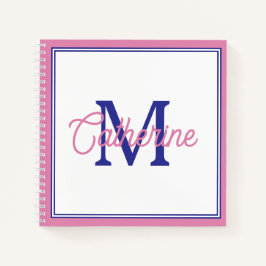 Preppy Roze en Marineblauw Eenvoudig Monogram Notitieboek