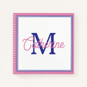 Preppy Roze en Marineblauw Eenvoudig Monogram Notitieboek