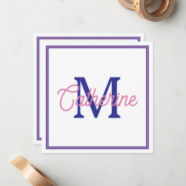 Preppy Roze en Marineblauw Eenvoudig Monogram Notitiekaartje