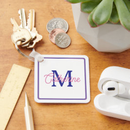 Preppy Roze en Marineblauw Eenvoudig Monogram Sleutelhanger