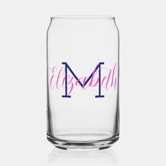 Preppy Roze en Marineblauwe Monogram Blikvorm Glas (Voorkant)