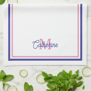 Preppy Roze en Marineblauwe Streep Eenvoudig Monog Theedoek