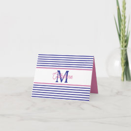 Preppy Roze en Marineblauwe Streep Eenvoudige Mono Notitiekaartje