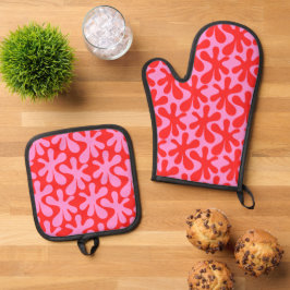 Preppy Roze en Rode Amoeba Hedendaags Patroon Ovenwant & Pannenlap Set