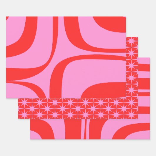 Preppy roze en rode retro patronen inpakpapier vel (Set)