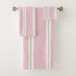 Preppy Roze en Saliegroen Waterverf Gestreept Bad Handdoek