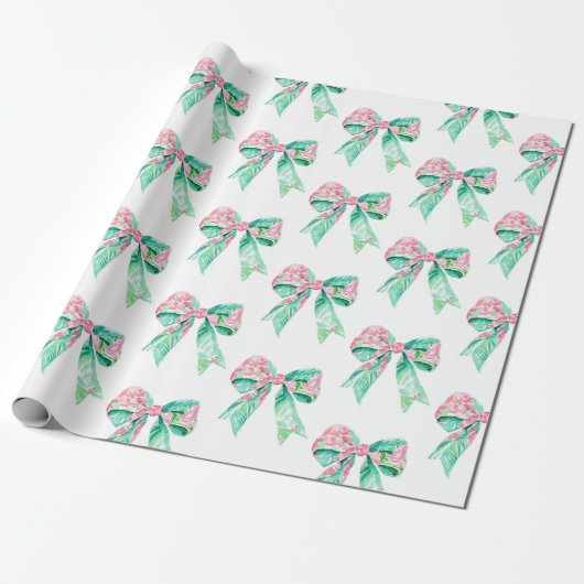 Preppy Roze en Turquoise Bloemenbogen Cadeaupapier (Uitgerold)