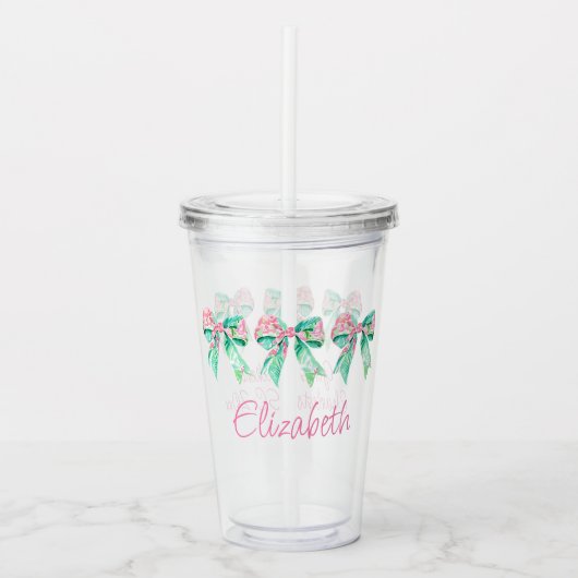 Preppy Roze en Turquoise Bloemenbogen Gepersonalis Acryl Drinkbeker (Voorkant)