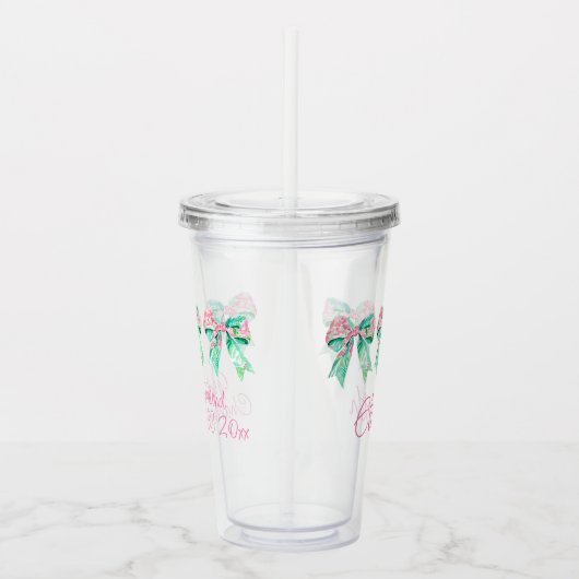 Preppy Roze en Turquoise Bloemenbogen Gepersonalis Acryl Drinkbeker (Rechts)