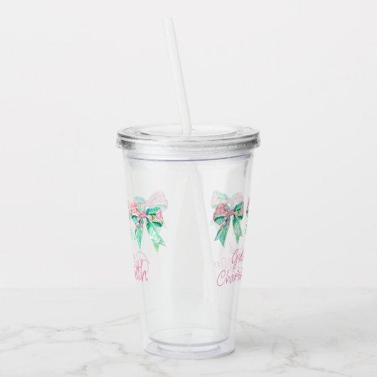 Preppy Roze en Turquoise Bloemenbogen Gepersonalis Acryl Drinkbeker (Links)