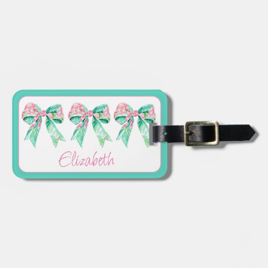 Preppy Roze en Turquoise Bloemenbogen Gepersonalis Bagagelabel (Voorkant horizontaal)