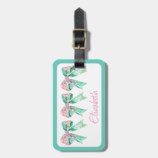 Preppy Roze en Turquoise Bloemenbogen Gepersonalis Bagagelabel (Voorkant verticaal)