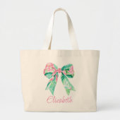Preppy Roze en Turquoise Bloemenbogen Gepersonalis Grote Tote Bag (Voorkant)