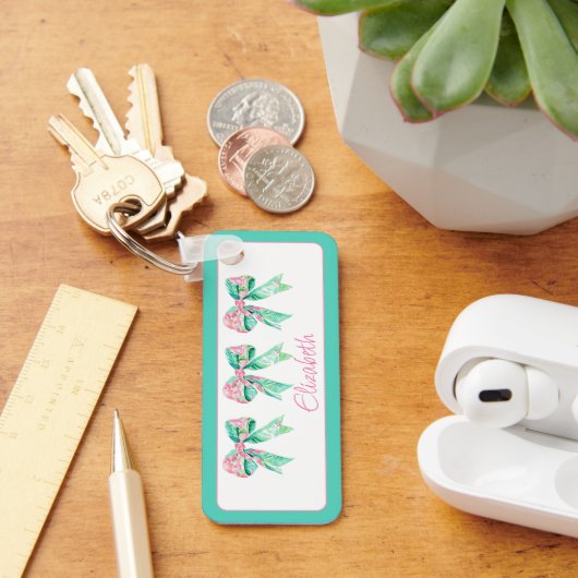 Preppy Roze en Turquoise Bloemenbogen Gepersonalis Sleutelhanger (Bureau)
