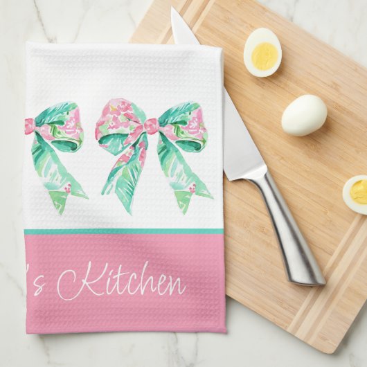 Preppy Roze en Turquoise Bloemenbogen Gepersonalis Theedoek (Quarter Fold)