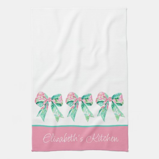 Preppy Roze en Turquoise Bloemenbogen Gepersonalis Theedoek (Verticaal)