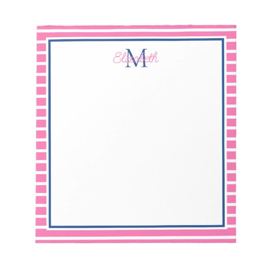 Preppy Roze en Witte Streep Met Navy Monogram Notitieblok (Voorkant)