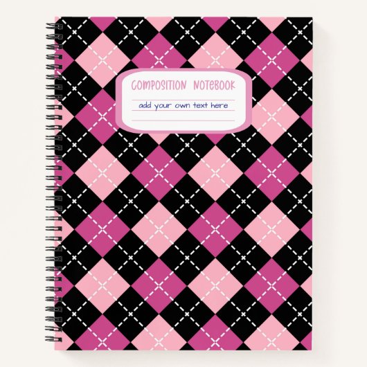 Preppy Roze en Zwarte Argyle Plaid Compositie Notitieboek (Voorkant)