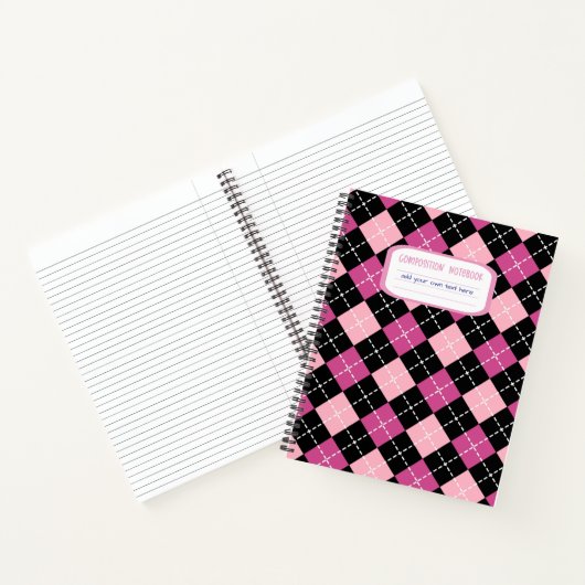 Preppy Roze en Zwarte Argyle Plaid Compositie Notitieboek (Binnen)