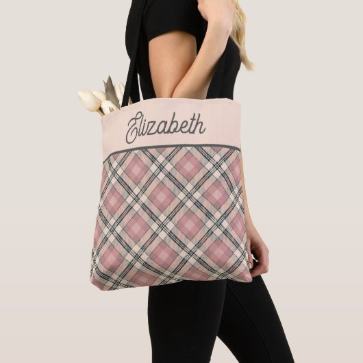 Preppy Roze en Zwarte Plaid Tote Bag (Dichtbij)