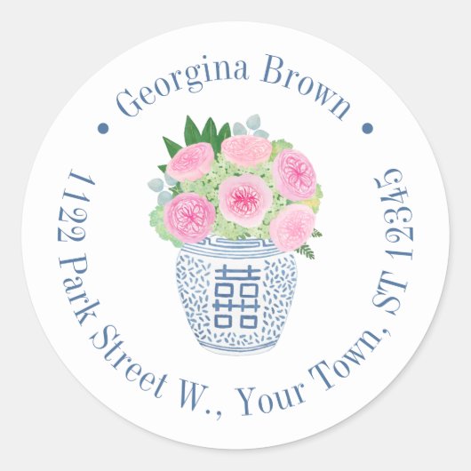 Preppy Roze Engels Rozen Retouradres Ronde Sticker (Voorkant)
