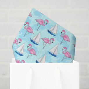 Preppy Roze Flamingo & Blauwe Zeilboot Kust- Tissuepapier