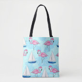 Preppy roze flamingo blauwe zeilboot tote bag (Voorkant)
