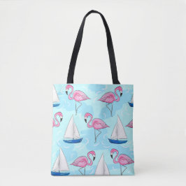 Preppy roze flamingo blauwe zeilboot tote bag