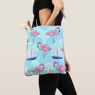 Preppy roze flamingo blauwe zeilboot tote bag