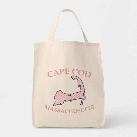 Preppy Roze Gestreepte Cape Cod Silhouette Grocery Tote Bag (Voorkant)