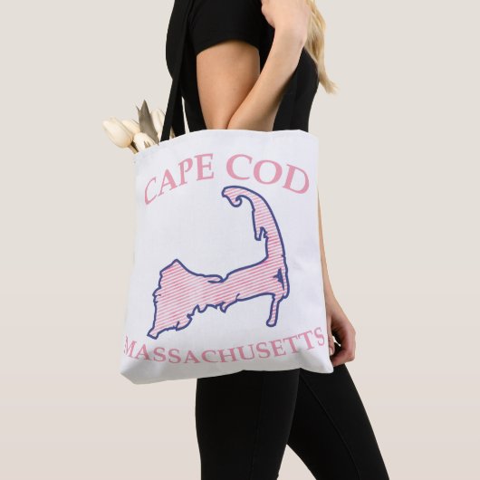 Preppy Roze Gestreepte Kaap Kabeljauw Silhouet Sch Tote Bag (Dichtbij)