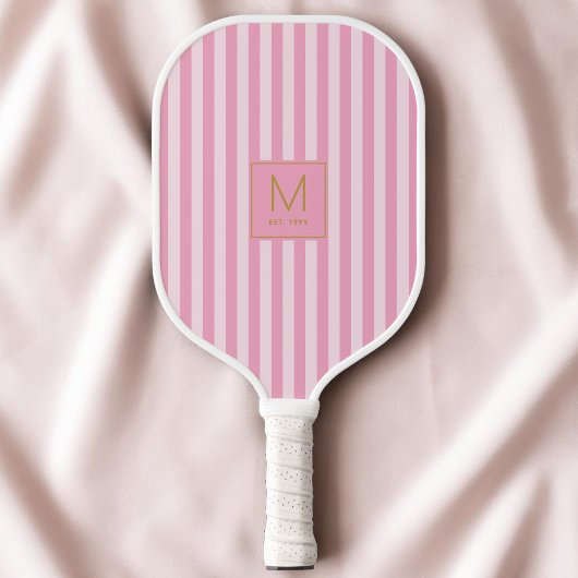 Preppy Roze Gestreepte Moderne Gouden Initiaal Mon Pickleball Paddle