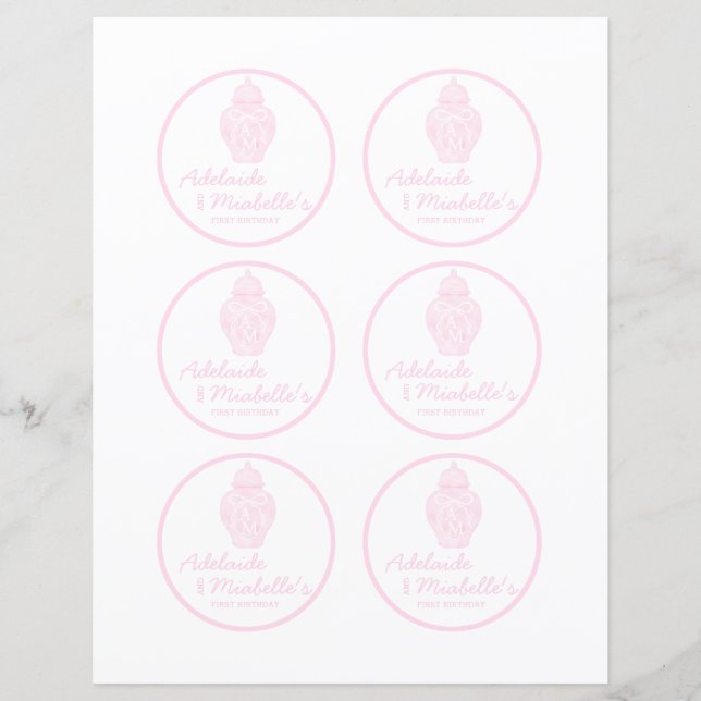 Preppy Roze Ginger Jar Monogram Cupcake Toppers (Voorkant)