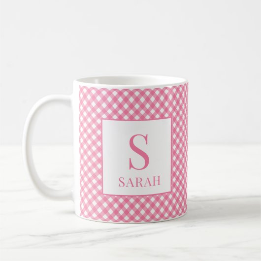 Preppy Roze Gingham Streep Monogram Naam Koffiemok (Links)