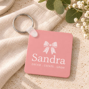 Preppy Roze Gingham Strik Geschenk Quote Sleutelhanger