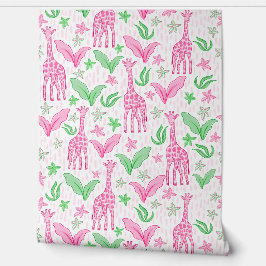 Preppy Roze Giraffes Oerwoud Bloemen Behang