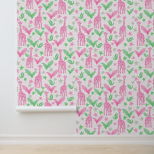 Preppy Roze Giraffes Oerwoud Bloemen Behang