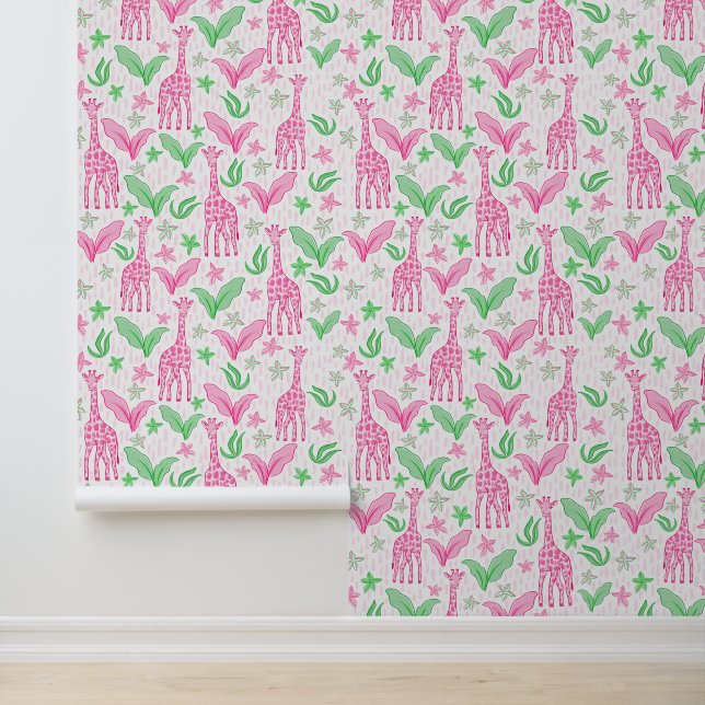 Preppy Roze Giraffes Oerwoud Bloemen Behang (Applicatie)