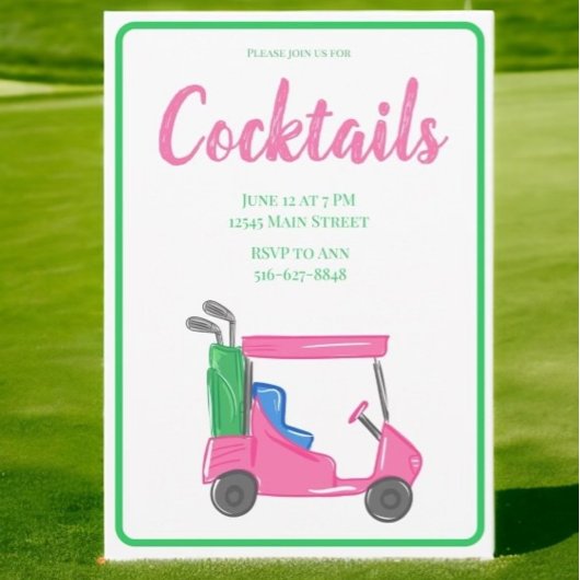 Preppy roze golfkar Cocktail Party Kaart