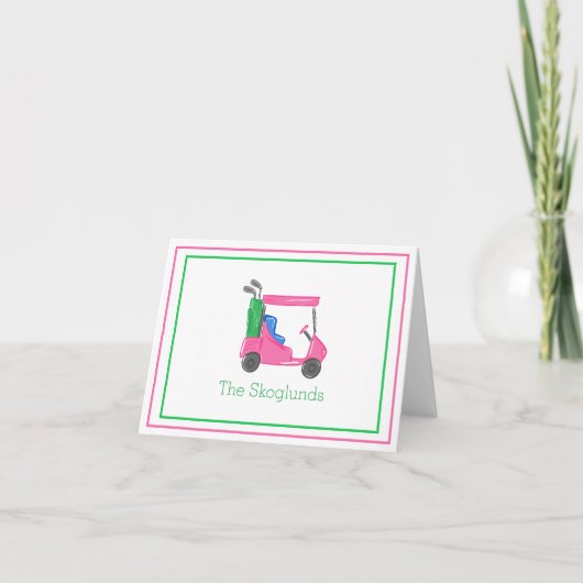 Preppy roze golfkar gepersonaliseerd grensgeschenk bedankkaart (Voorkant)