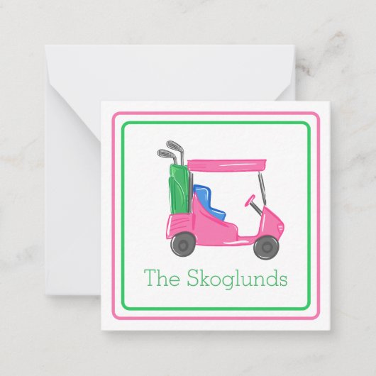 Preppy roze golfkar gepersonaliseerd grensgeschenk notitiekaartje (Voorkant)