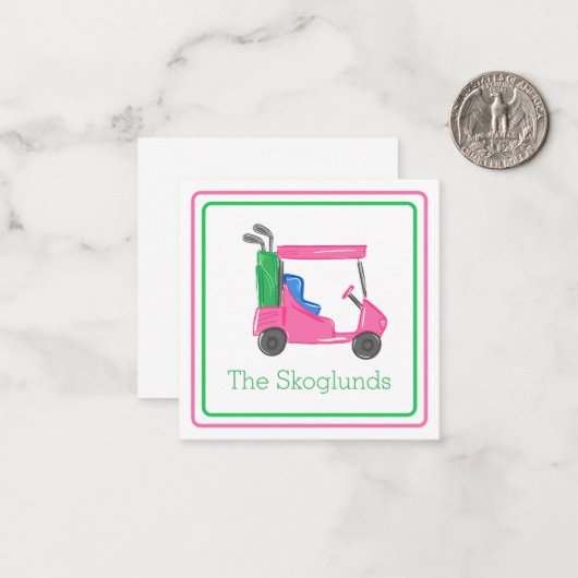 Preppy roze golfkar gepersonaliseerd grensgeschenk notitiekaartje (Voorkant / Achterkant in situ)