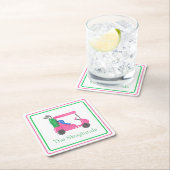 Preppy roze golfkar gepersonaliseerde grens kartonnen onderzetters (Insitu)