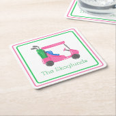 Preppy roze golfkar gepersonaliseerde grens kartonnen onderzetters (Schuin)