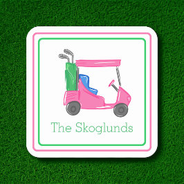 Preppy roze golfkar gepersonaliseerde grens kartonnen onderzetters