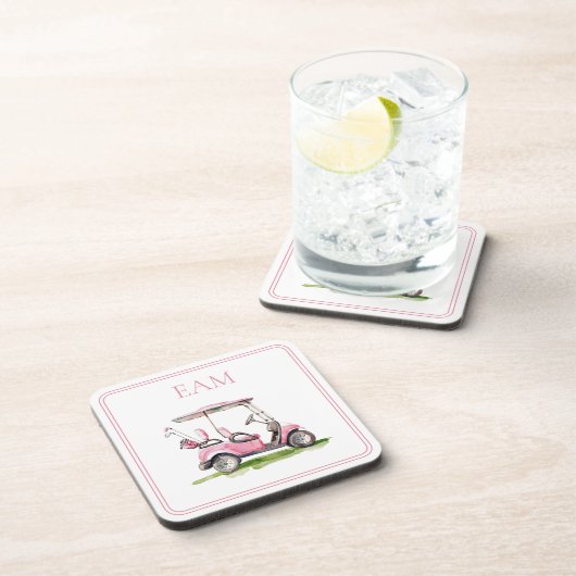 Preppy roze golfkar Monogram Bier Onderzetter (Rechterzijde)